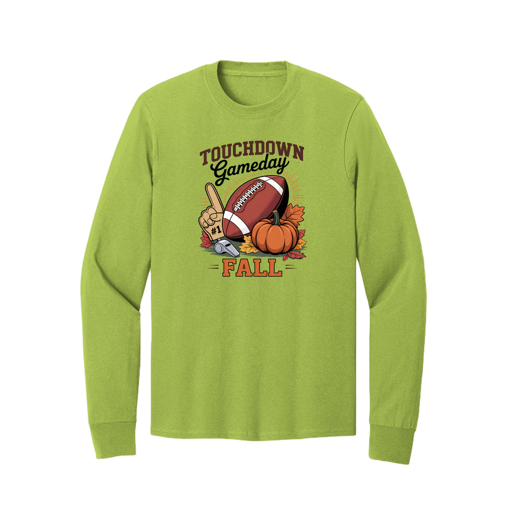 Front view of a lime long-sleeve T-shirt with Touchdown Gameday Fall lettering with a football, pumpkin, foam finger, whistle, and autumn leaves.