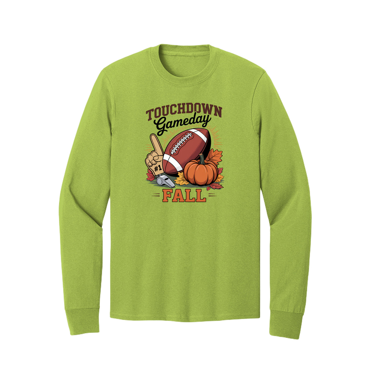Front view of a lime long-sleeve T-shirt with Touchdown Gameday Fall lettering with a football, pumpkin, foam finger, whistle, and autumn leaves.