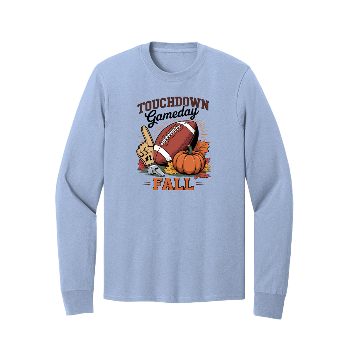 Front view of a light blue long-sleeve T-shirt with Touchdown Gameday Fall lettering with a football, pumpkin, foam finger, whistle, and autumn leaves.