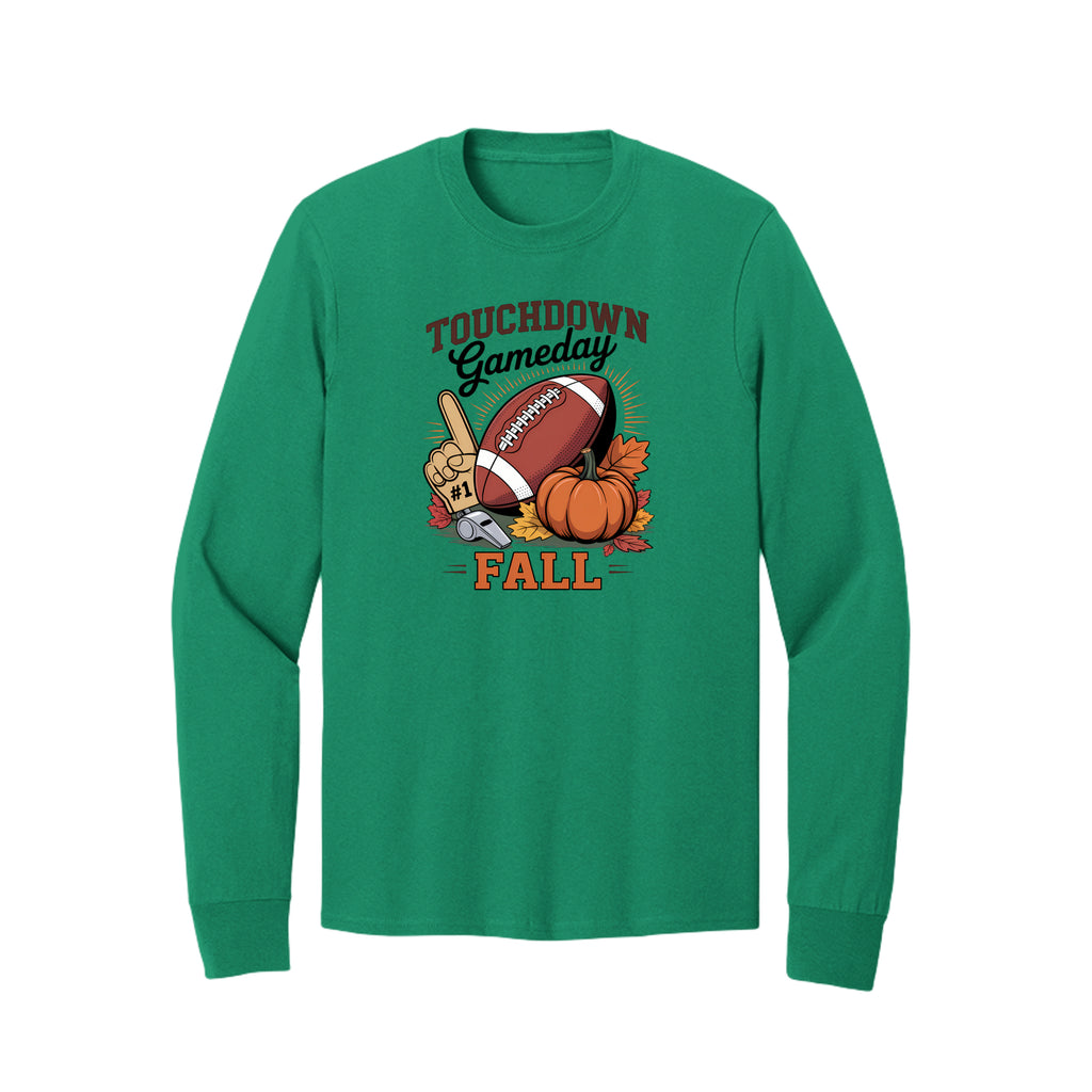 Front view of a green long-sleeve T-shirt with Touchdown Gameday Fall lettering with a football, pumpkin, foam finger, whistle, and autumn leaves.