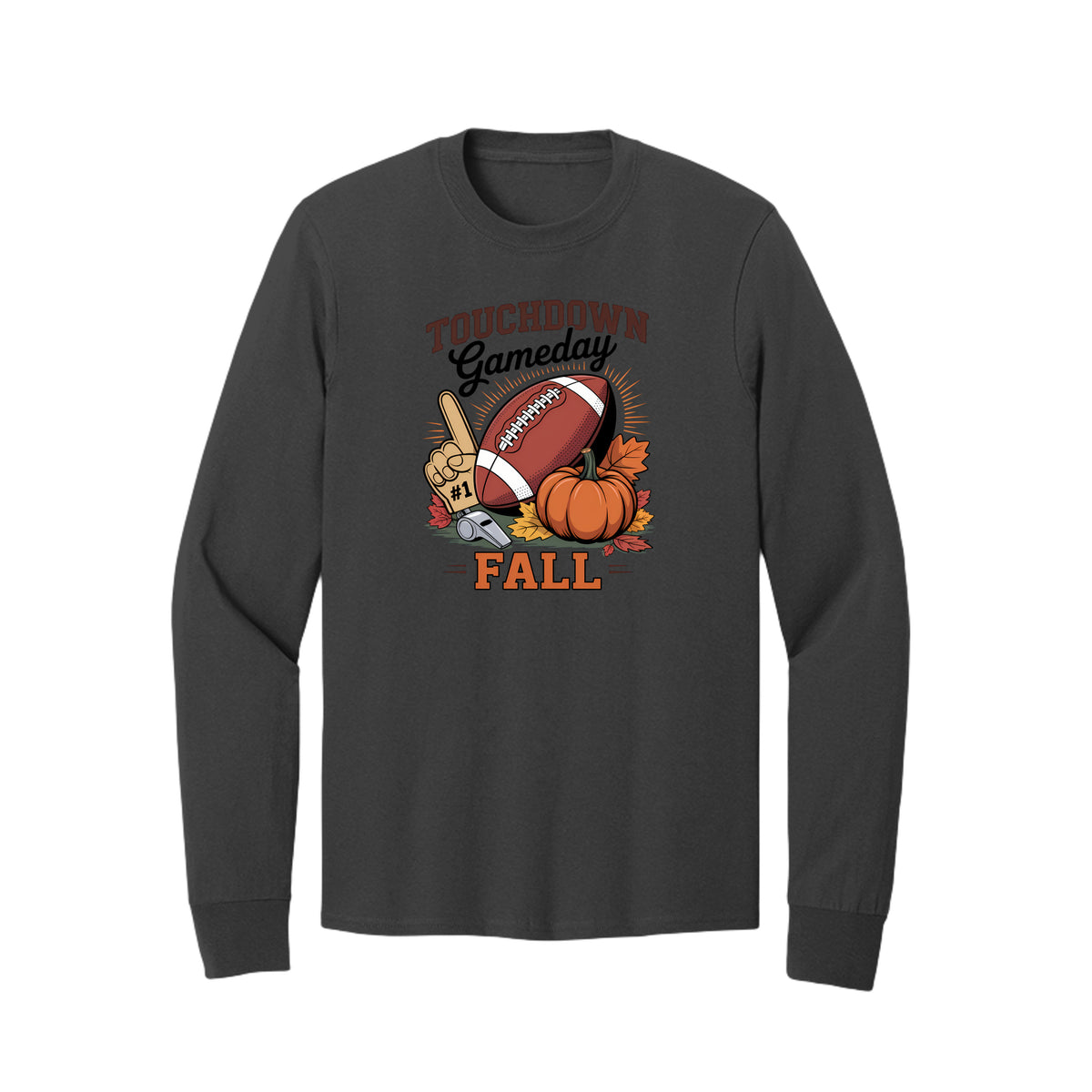 Front view of a black long-sleeve T-shirt with Touchdown Gameday Fall lettering with a football, pumpkin, foam finger, whistle, and autumn leaves.