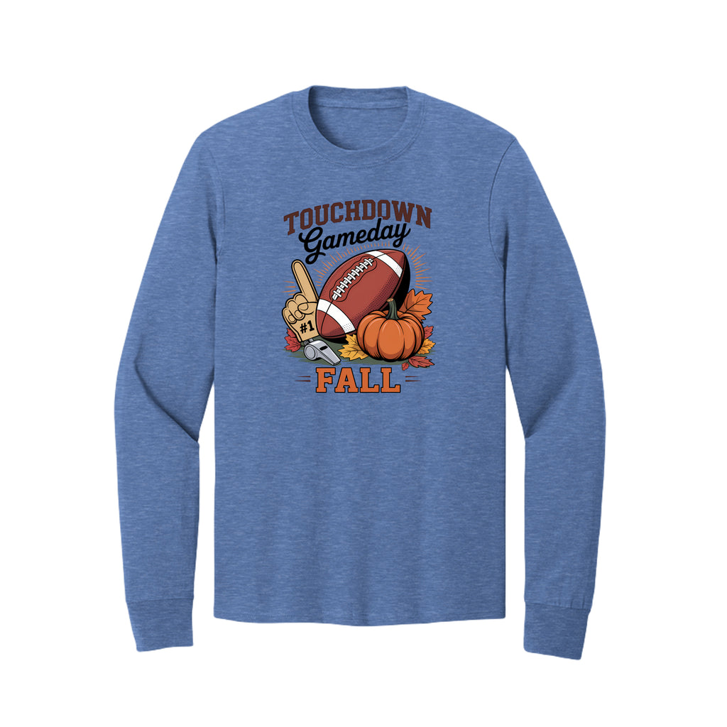Front view of a blue long-sleeve T-shirt with Touchdown Gameday Fall lettering with a football, pumpkin, foam finger, whistle, and autumn leaves.