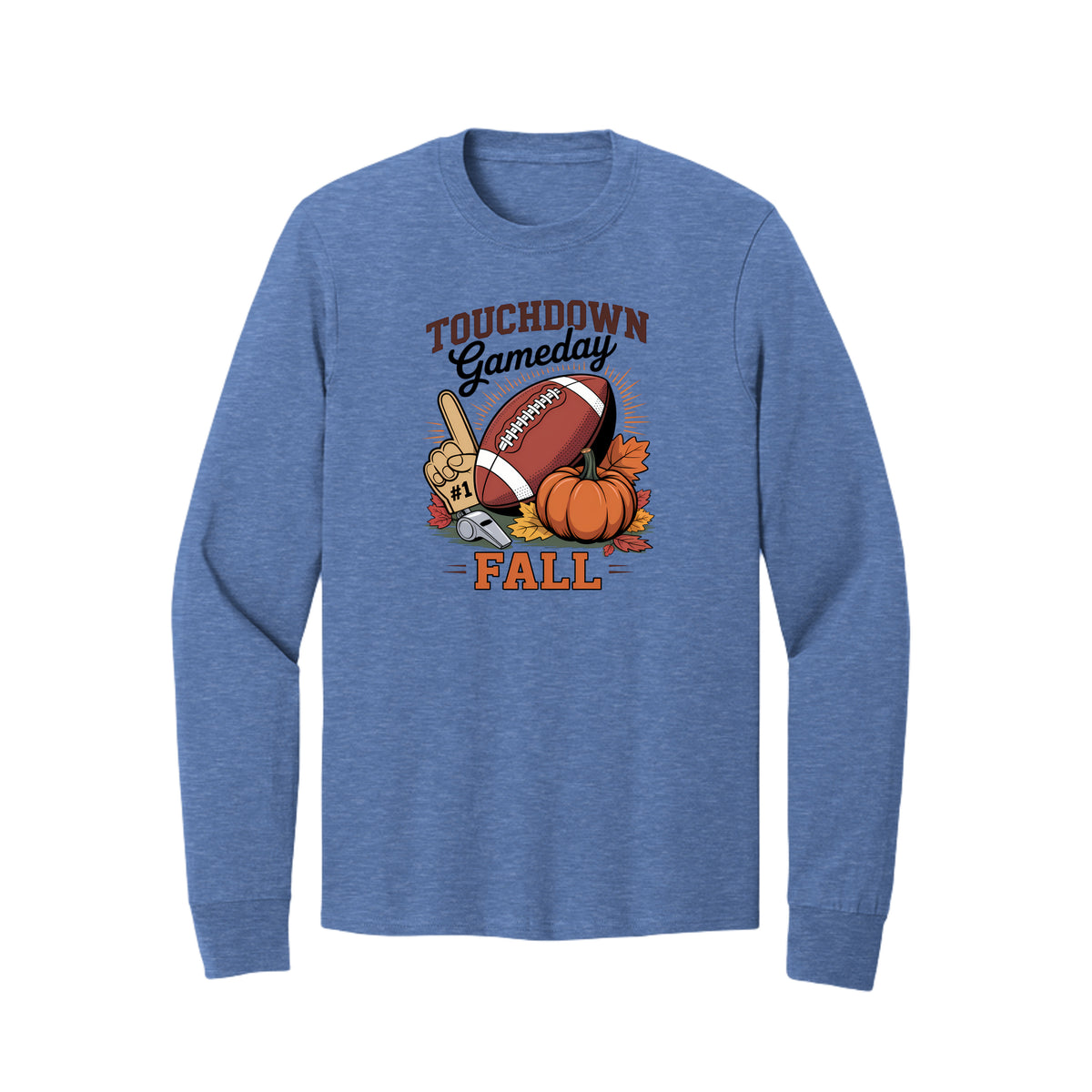 Front view of a blue long-sleeve T-shirt with Touchdown Gameday Fall lettering with a football, pumpkin, foam finger, whistle, and autumn leaves.