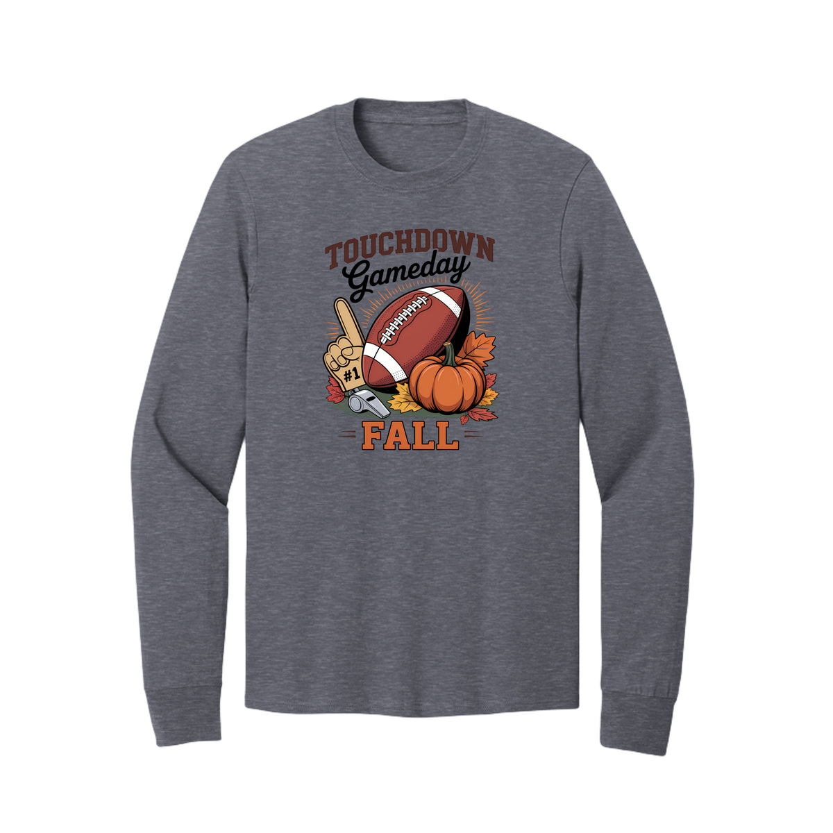 Front view of a gray long-sleeve T-shirt with Touchdown Gameday Fall lettering with a football, pumpkin, foam finger, whistle, and autumn leaves.