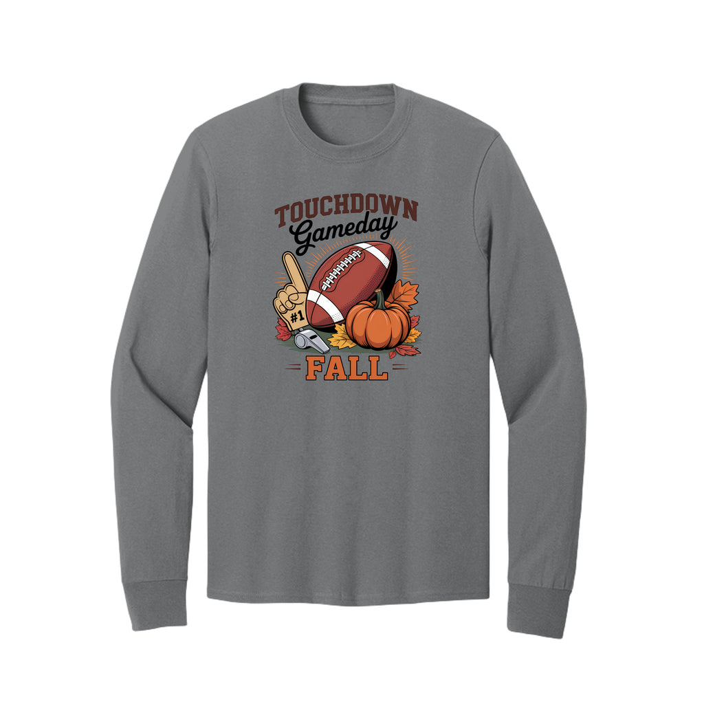 Front view of a gray long-sleeve T-shirt with Touchdown Gameday Fall lettering with a football, pumpkin, foam finger, whistle, and autumn leaves.