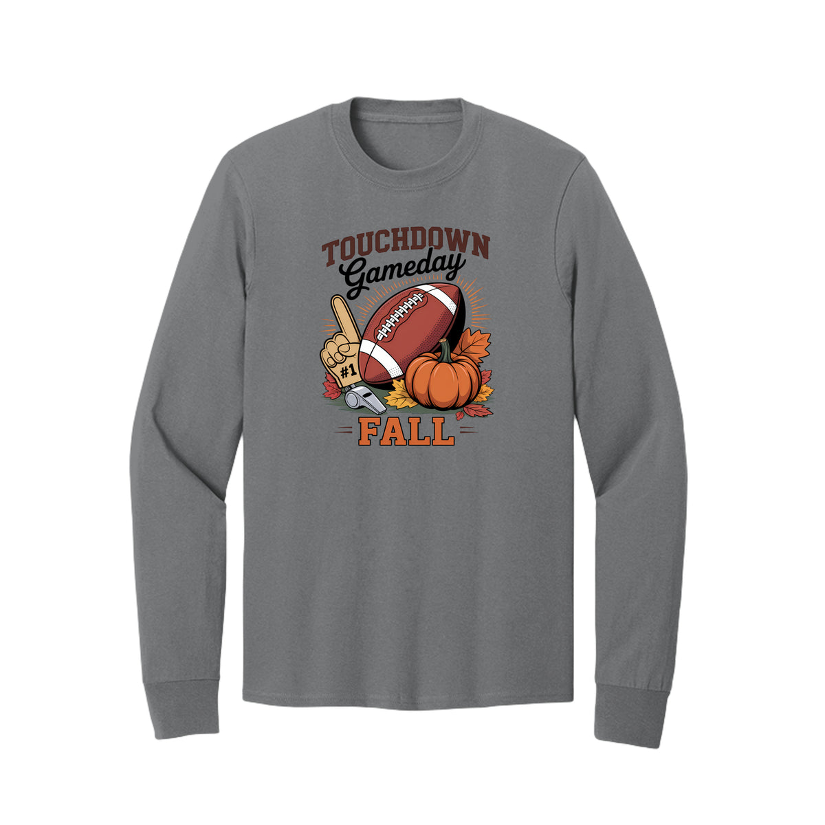 Front view of a gray long-sleeve T-shirt with Touchdown Gameday Fall lettering with a football, pumpkin, foam finger, whistle, and autumn leaves.