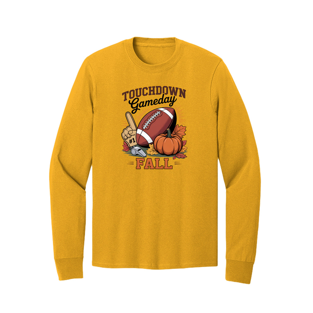 Front view of a gold long-sleeve T-shirt with Touchdown Gameday Fall lettering with a football, pumpkin, foam finger, whistle, and autumn leaves.