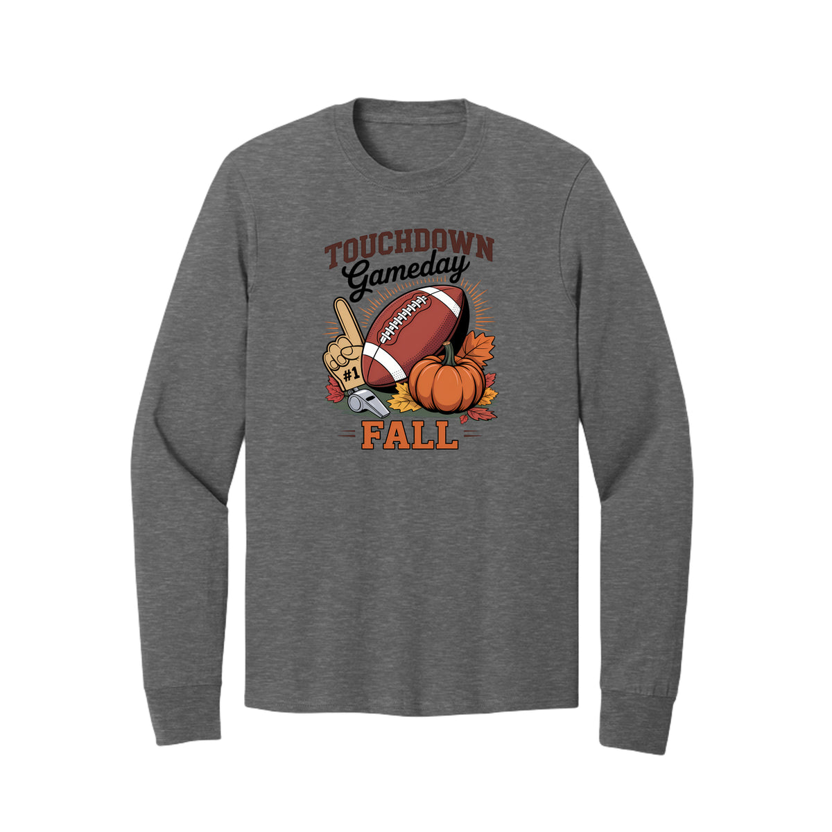 Front view of a gray long-sleeve T-shirt with Touchdown Gameday Fall lettering with a football, pumpkin, foam finger, whistle, and autumn leaves.