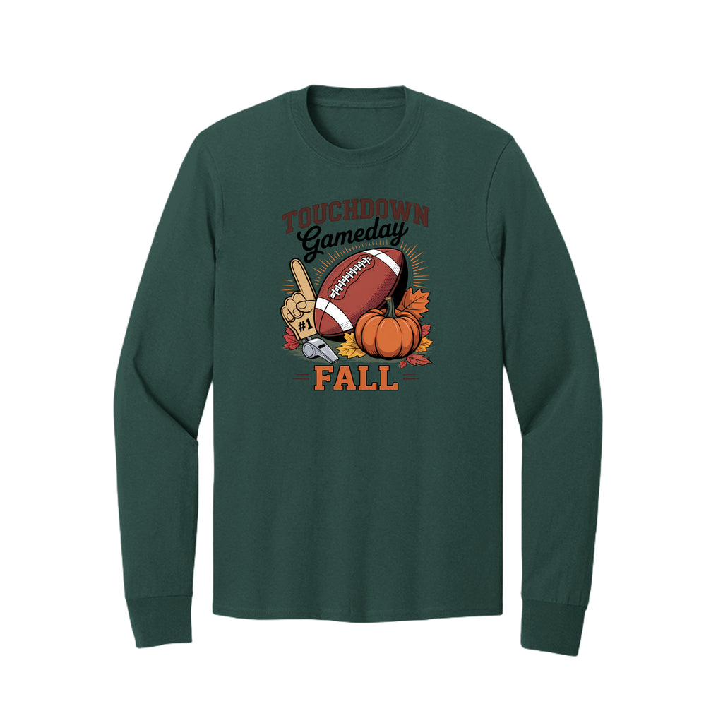 Front view of a green long-sleeve T-shirt with Touchdown Gameday Fall lettering with a football, pumpkin, foam finger, whistle, and autumn leaves.
