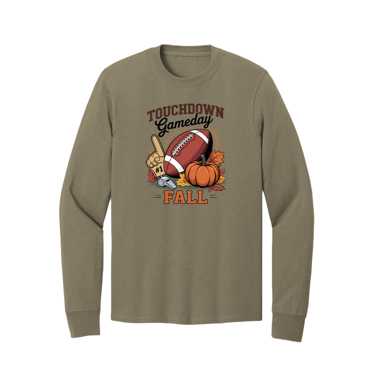 Front view of a olive long-sleeve T-shirt with Touchdown Gameday Fall lettering with a football, pumpkin, foam finger, whistle, and autumn leaves.