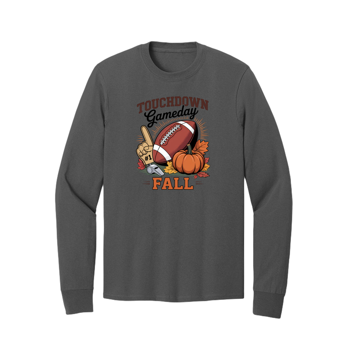 Front view of a gray long-sleeve T-shirt with Touchdown Gameday Fall lettering with a football, pumpkin, foam finger, whistle, and autumn leaves.