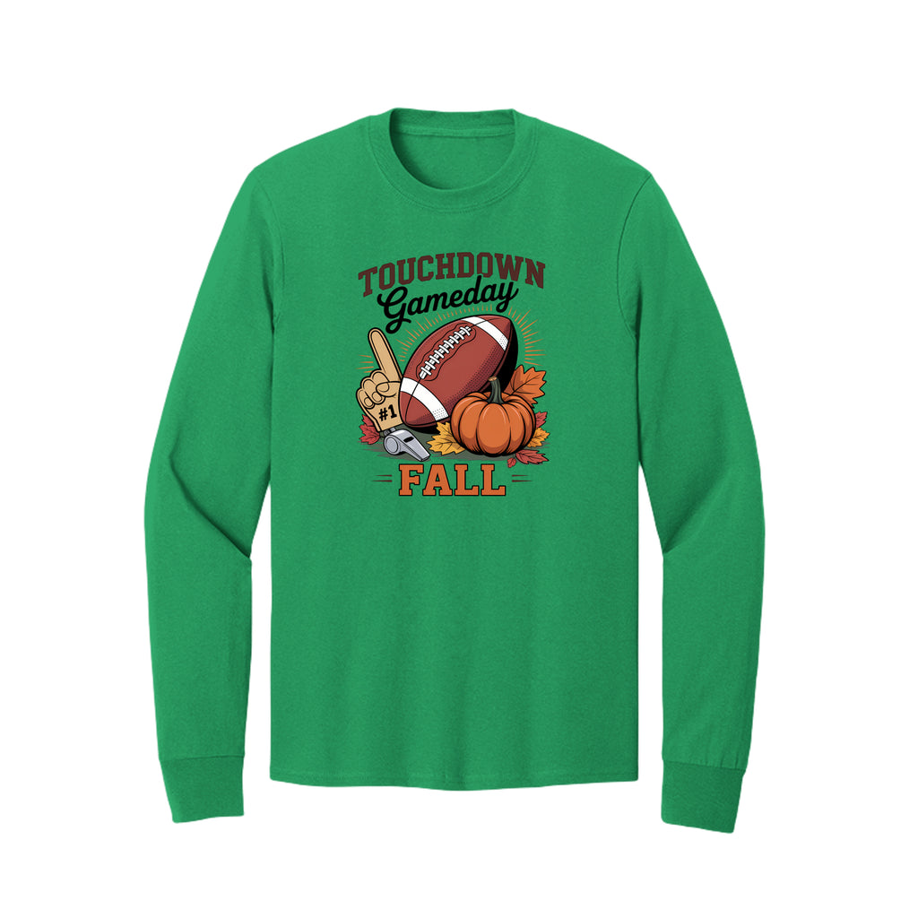Front view of a green long-sleeve T-shirt with Touchdown Gameday Fall lettering with a football, pumpkin, foam finger, whistle, and autumn leaves.
