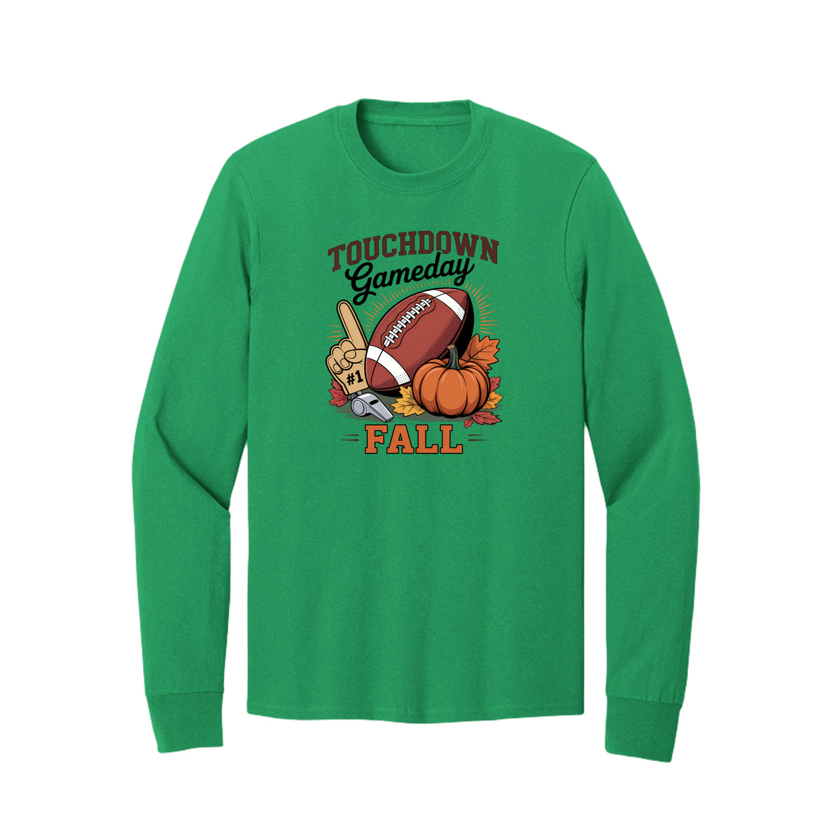 Front view of a green long-sleeve T-shirt with Touchdown Gameday Fall lettering with a football, pumpkin, foam finger, whistle, and autumn leaves.