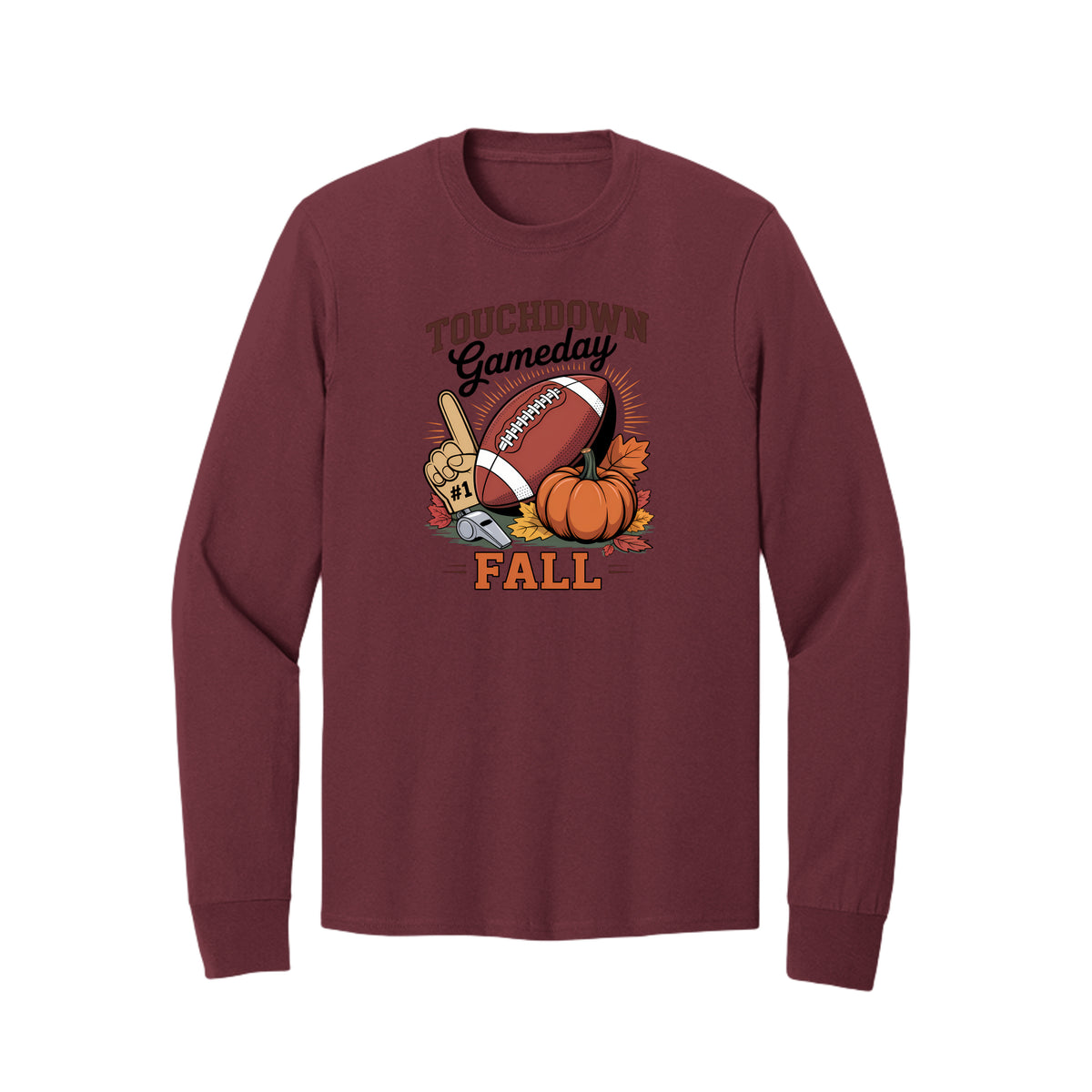 Front view of a burgundy long-sleeve T-shirt with Touchdown Gameday Fall lettering with a football, pumpkin, foam finger, whistle, and autumn leaves.