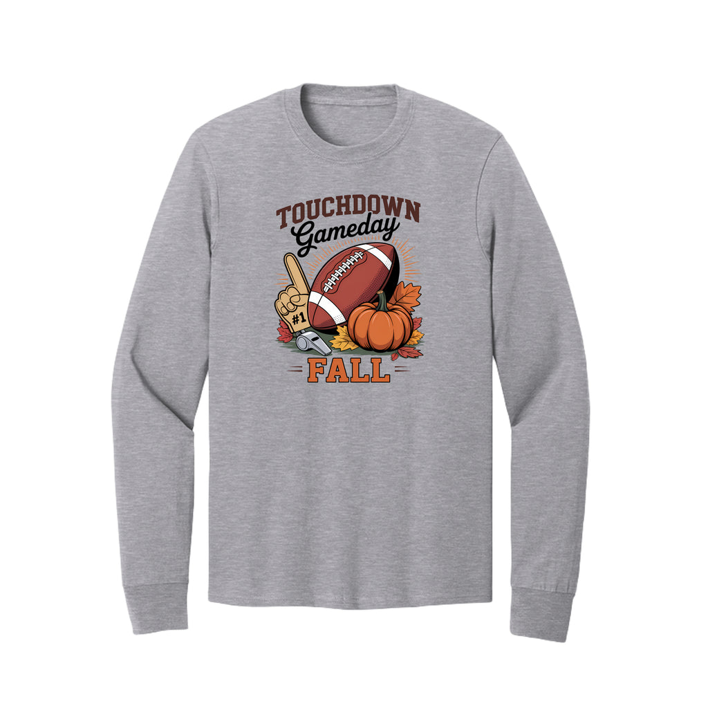 Front view of a gray long-sleeve T-shirt with Touchdown Gameday Fall lettering with a football, pumpkin, foam finger, whistle, and autumn leaves.