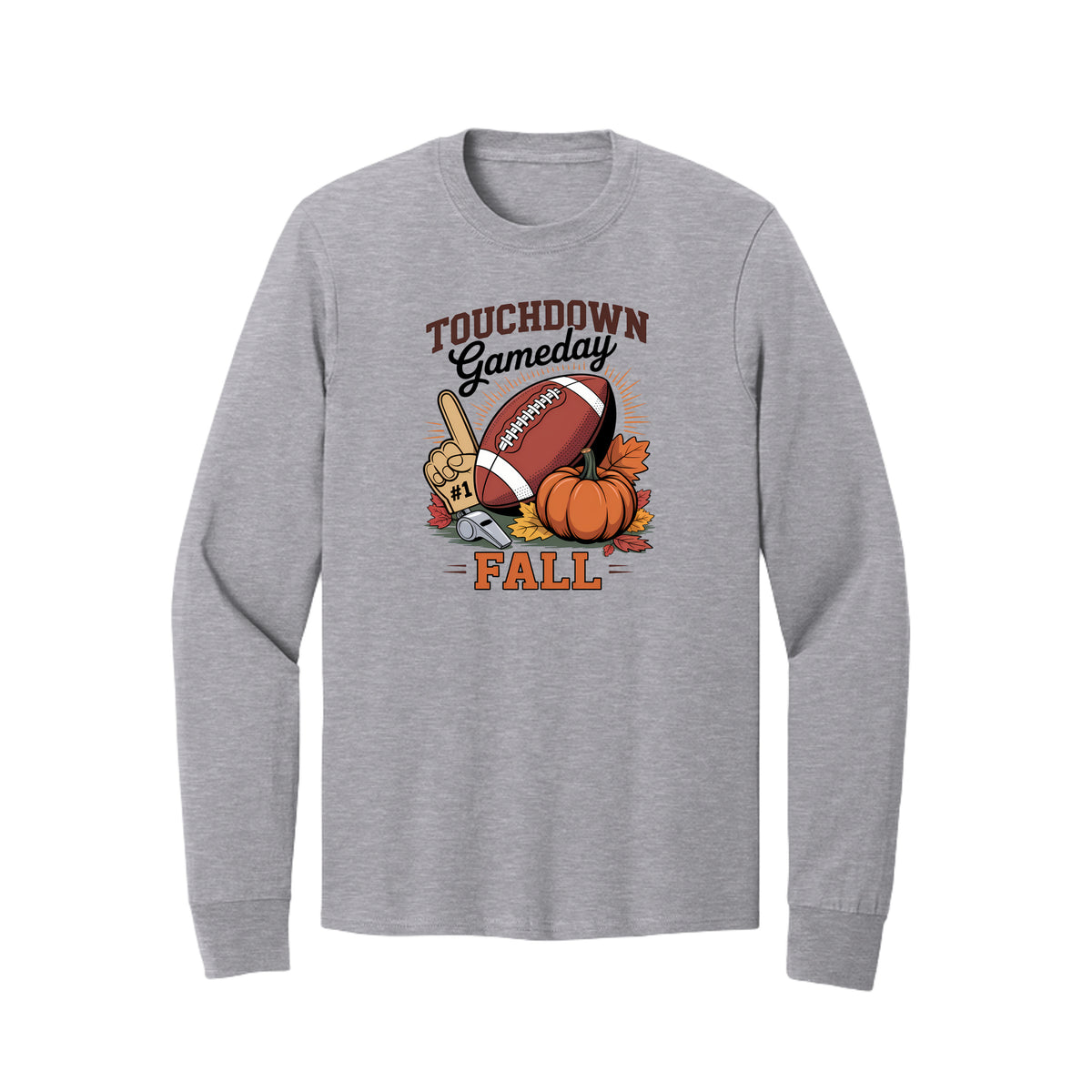 Front view of a gray long-sleeve T-shirt with Touchdown Gameday Fall lettering with a football, pumpkin, foam finger, whistle, and autumn leaves.