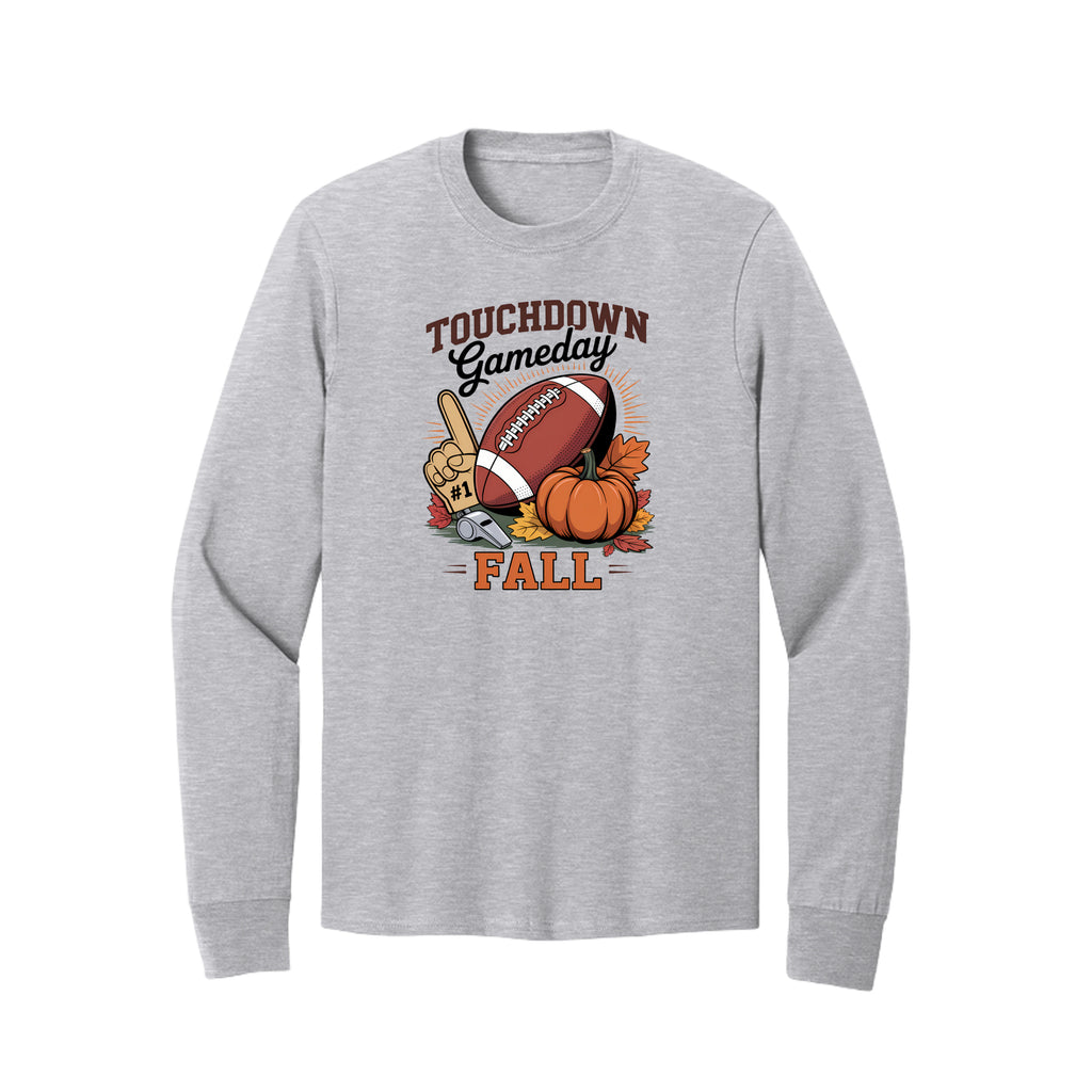 Front view of a gray long-sleeve T-shirt with Touchdown Gameday Fall lettering with a football, pumpkin, foam finger, whistle, and autumn leaves.