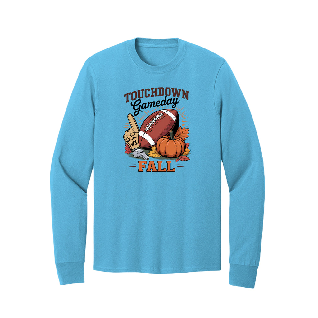 Front view of a blue long-sleeve T-shirt with Touchdown Gameday Fall lettering with a football, pumpkin, foam finger, whistle, and autumn leaves.