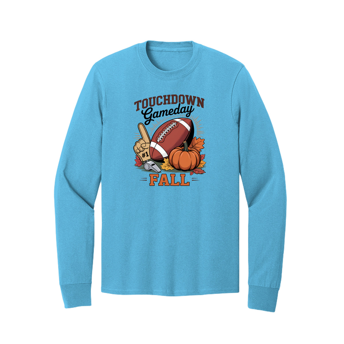 Front view of a blue long-sleeve T-shirt with Touchdown Gameday Fall lettering with a football, pumpkin, foam finger, whistle, and autumn leaves.