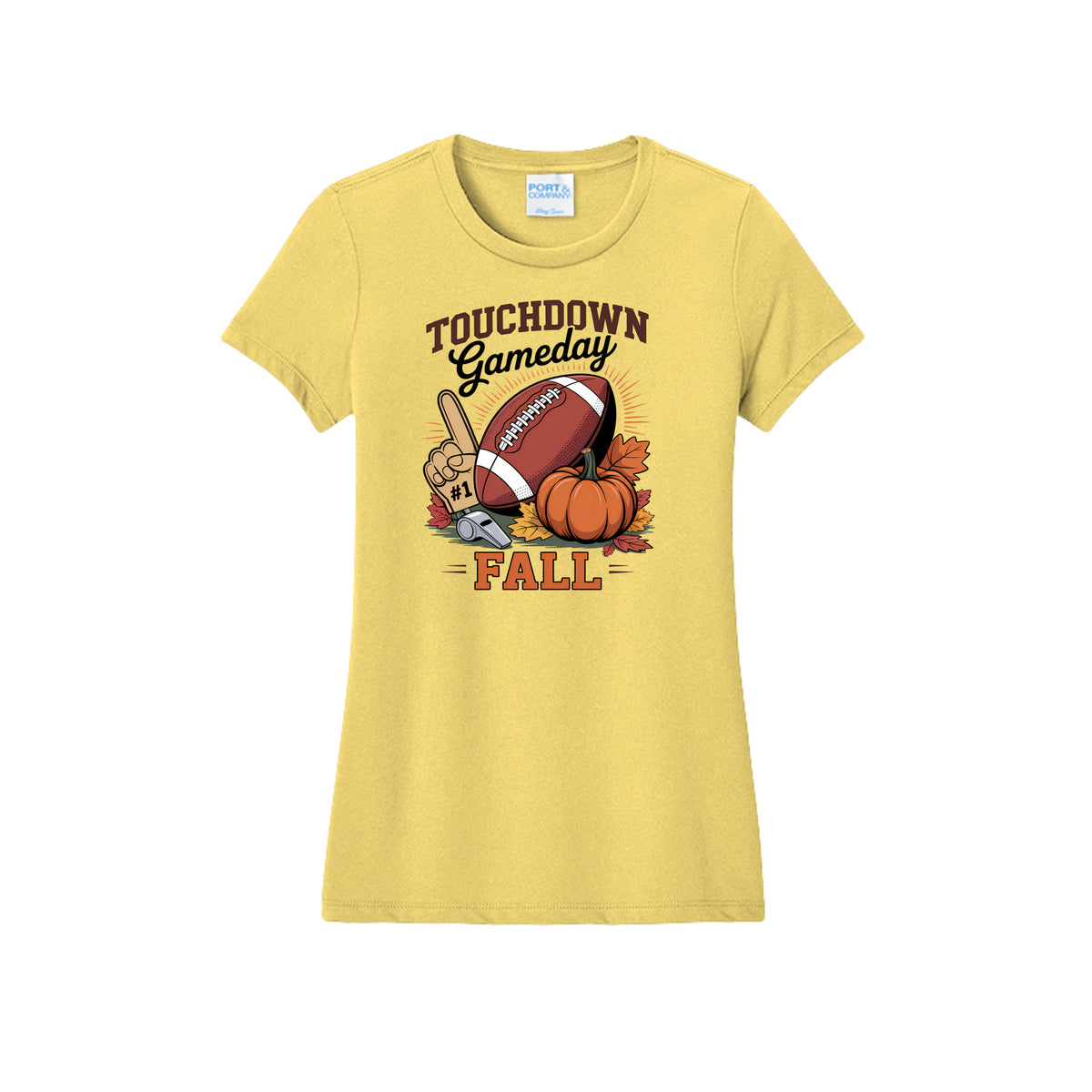 Front view of a yellow fitted short-sleeve T-shirt with Touchdown Gameday Fall lettering with a football, pumpkin, foam finger, whistle, and autumn leaves.