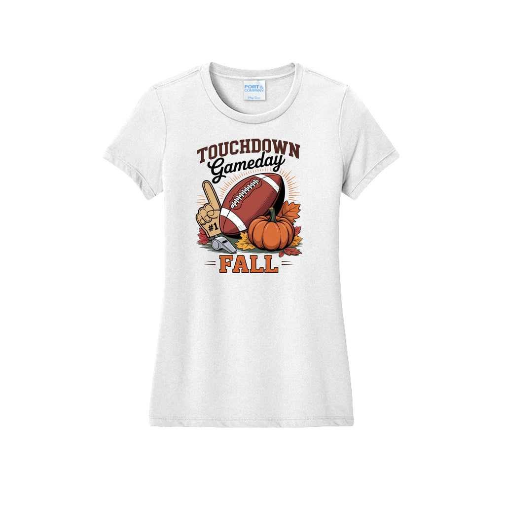 Front view of a white fitted short-sleeve T-shirt with Touchdown Gameday Fall lettering with a football, pumpkin, foam finger, whistle, and autumn leaves.