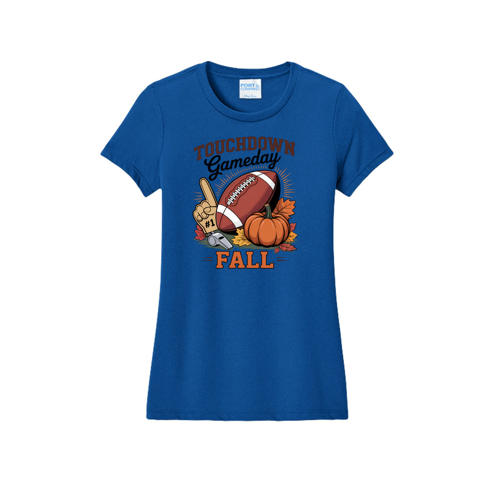 Front view of a blue fitted short-sleeve T-shirt with Touchdown Gameday Fall lettering with a football, pumpkin, foam finger, whistle, and autumn leaves.