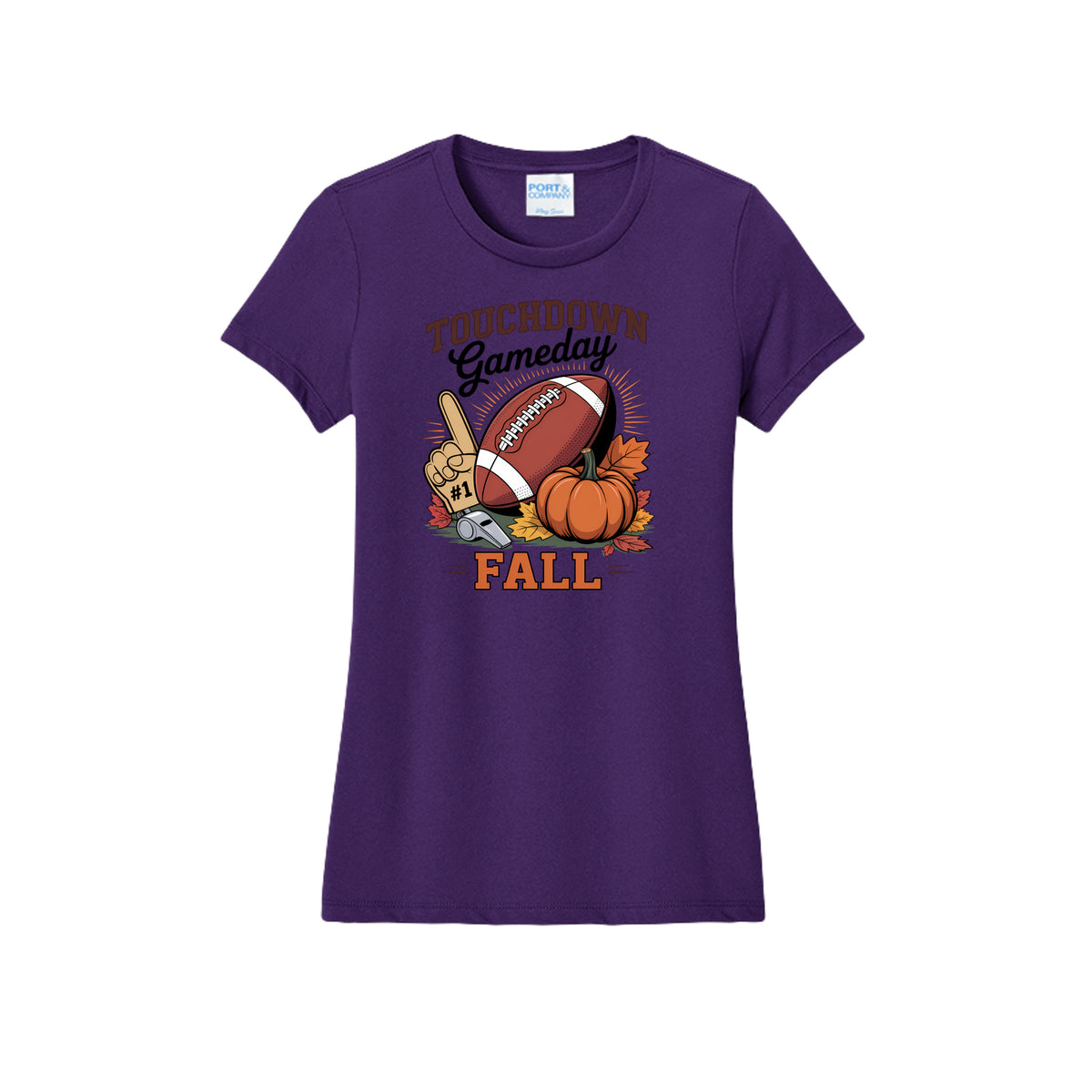 Front view of a purple fitted short-sleeve T-shirt with Touchdown Gameday Fall lettering with a football, pumpkin, foam finger, whistle, and autumn leaves.