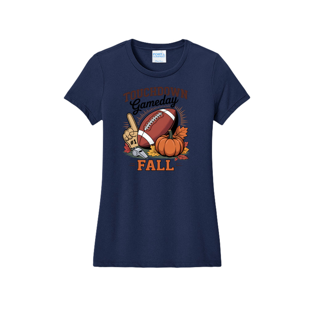 Front view of a navy fitted short-sleeve T-shirt with Touchdown Gameday Fall lettering with a football, pumpkin, foam finger, whistle, and autumn leaves.