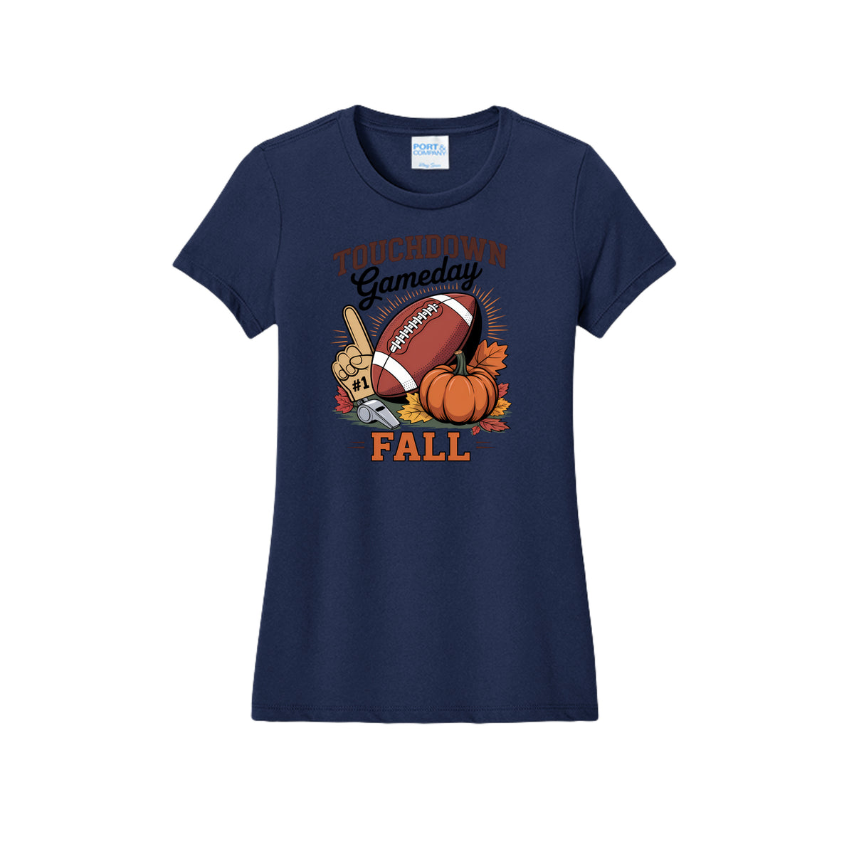 Front view of a navy fitted short-sleeve T-shirt with Touchdown Gameday Fall lettering with a football, pumpkin, foam finger, whistle, and autumn leaves.