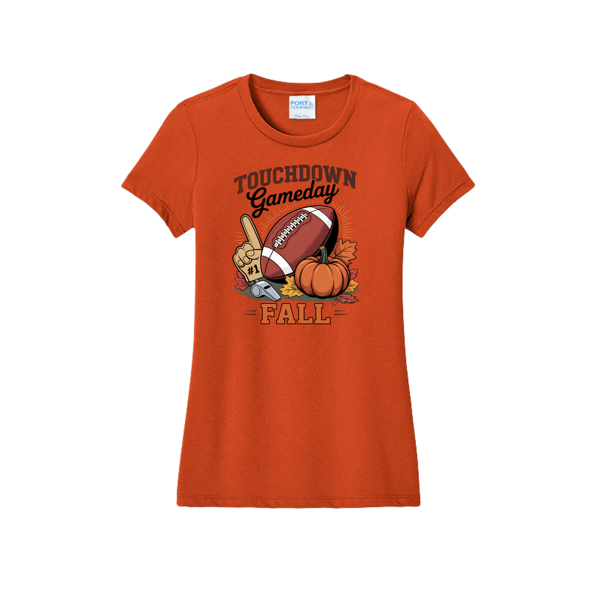 Front view of a orange fitted short-sleeve T-shirt with Touchdown Gameday Fall lettering with a football, pumpkin, foam finger, whistle, and autumn leaves.