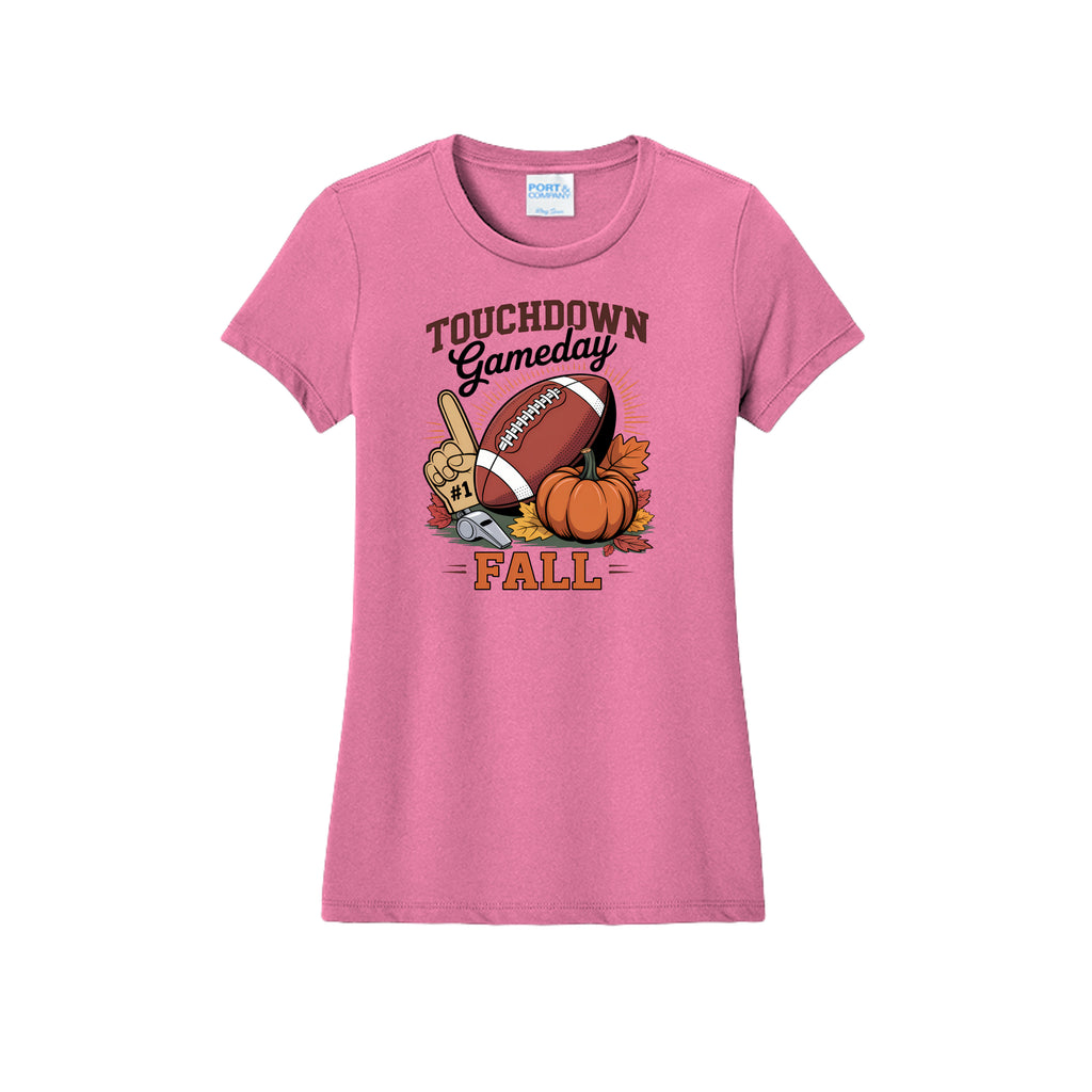Front view of a fitted short-sleeve T-shirt with Touchdown Gameday Fall lettering with a football, pumpkin, foam finger, whistle, and autumn leaves.