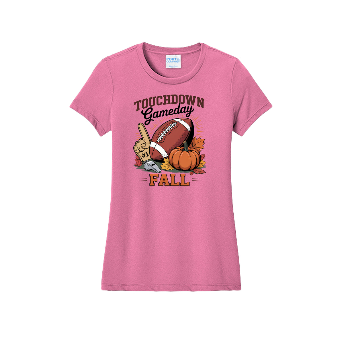 Front view of a fitted short-sleeve T-shirt with Touchdown Gameday Fall lettering with a football, pumpkin, foam finger, whistle, and autumn leaves.