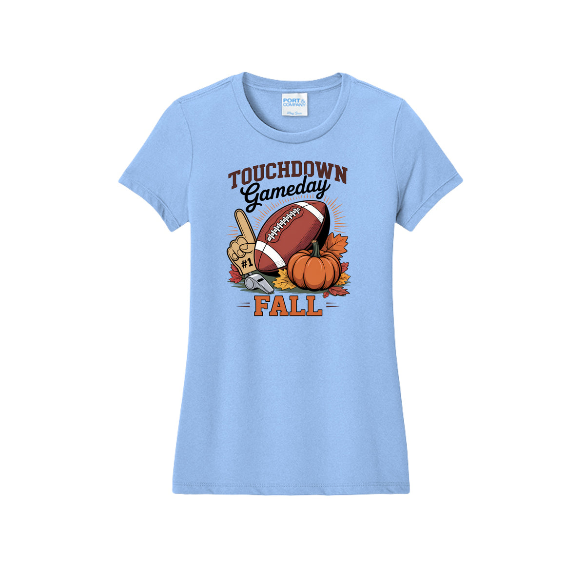 Front view of a light blue fitted short-sleeve T-shirt with Touchdown Gameday Fall lettering with a football, pumpkin, foam finger, whistle, and autumn leaves.