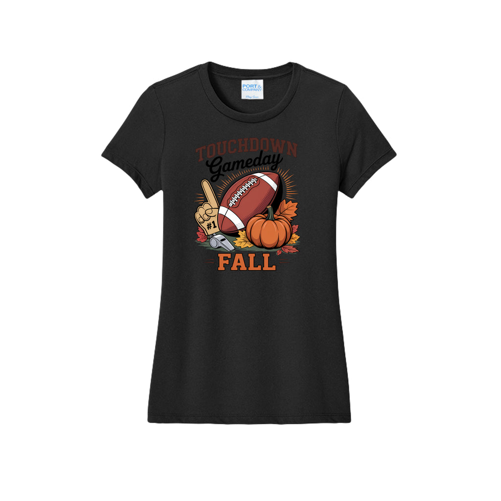 Front view of a black fitted short-sleeve T-shirt with Touchdown Gameday Fall lettering with a football, pumpkin, foam finger, whistle, and autumn leaves.