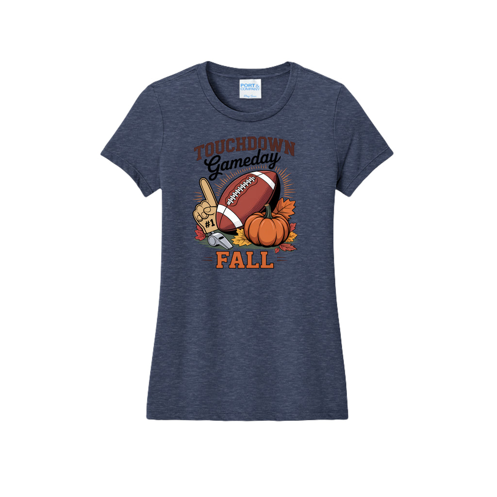 Front view of a gray fitted short-sleeve T-shirt with Touchdown Gameday Fall lettering with a football, pumpkin, foam finger, whistle, and autumn leaves.
