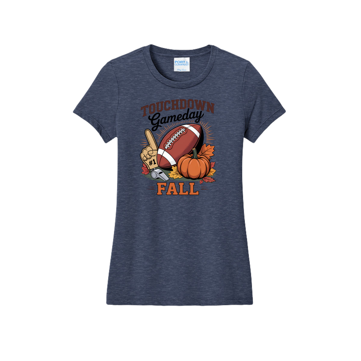 Front view of a gray fitted short-sleeve T-shirt with Touchdown Gameday Fall lettering with a football, pumpkin, foam finger, whistle, and autumn leaves.