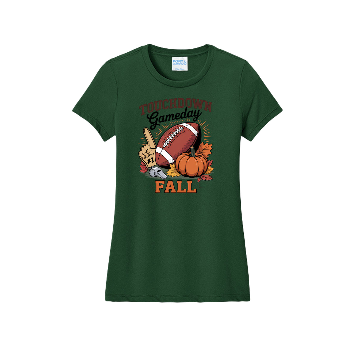 Front view of a green fitted short-sleeve T-shirt with Touchdown Gameday Fall lettering with a football, pumpkin, foam finger, whistle, and autumn leaves.