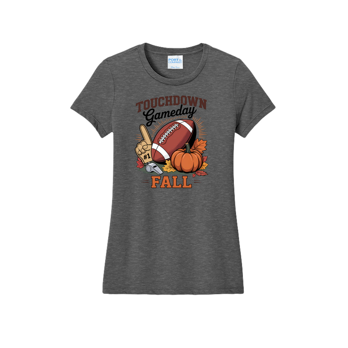 Front view of a gray fitted short-sleeve T-shirt with Touchdown Gameday Fall lettering with a football, pumpkin, foam finger, whistle, and autumn leaves.