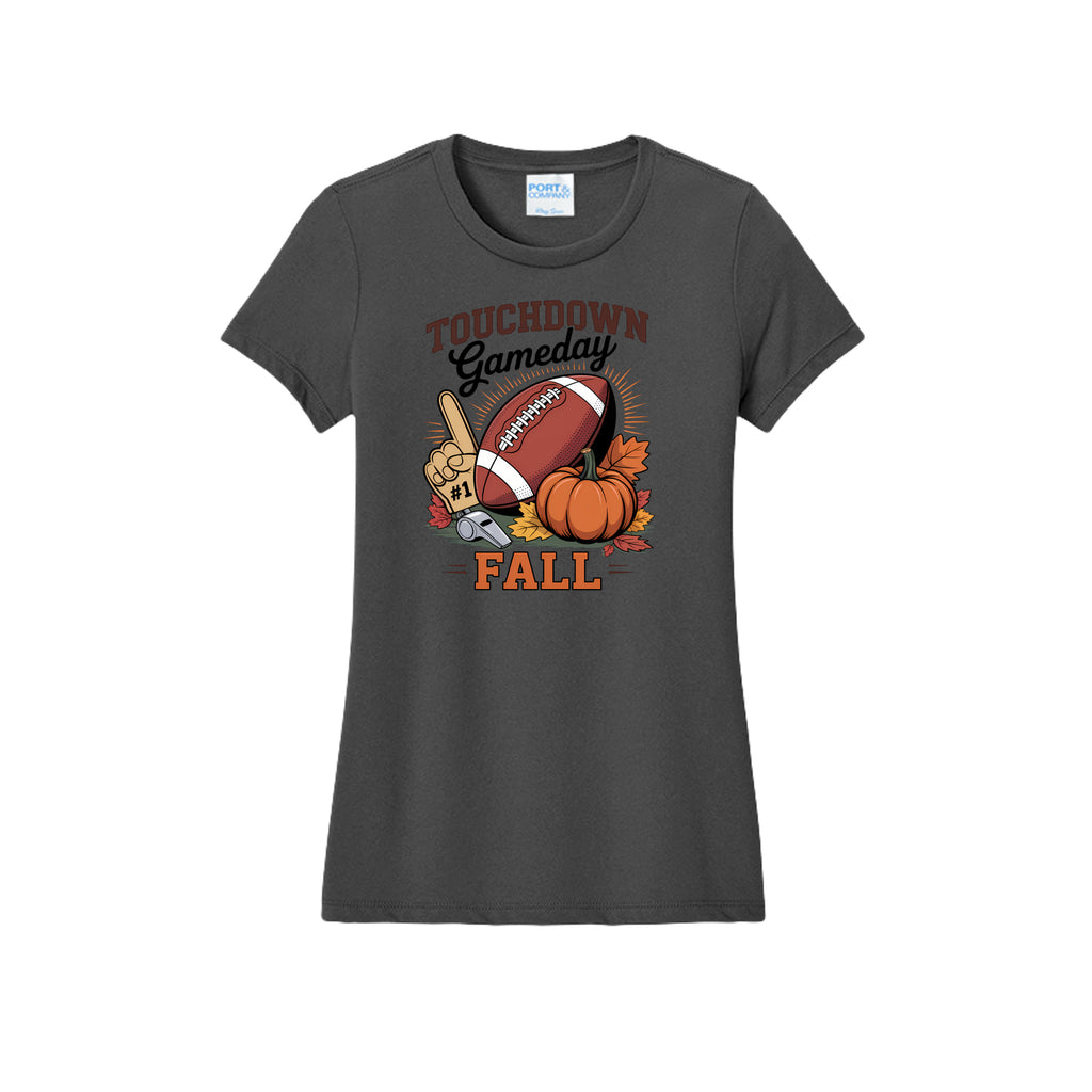 Front view of a gray fitted short-sleeve T-shirt with Touchdown Gameday Fall lettering with a football, pumpkin, foam finger, whistle, and autumn leaves.