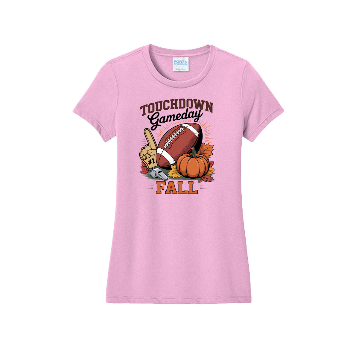 Front view of a light pink fitted short-sleeve T-shirt with Touchdown Gameday Fall lettering with a football, pumpkin, foam finger, whistle, and autumn leaves.