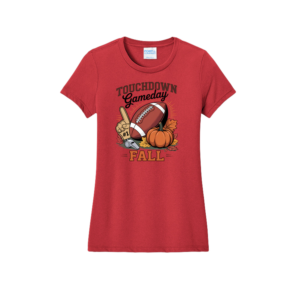 Front view of a red fitted short-sleeve T-shirt with Touchdown Gameday Fall lettering with a football, pumpkin, foam finger, whistle, and autumn leaves.