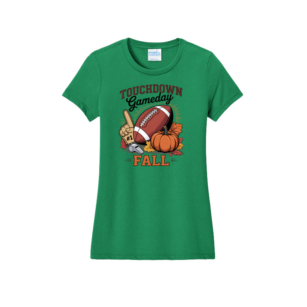 Front view of a green fitted short-sleeve T-shirt with Touchdown Gameday Fall lettering with a football, pumpkin, foam finger, whistle, and autumn leaves.