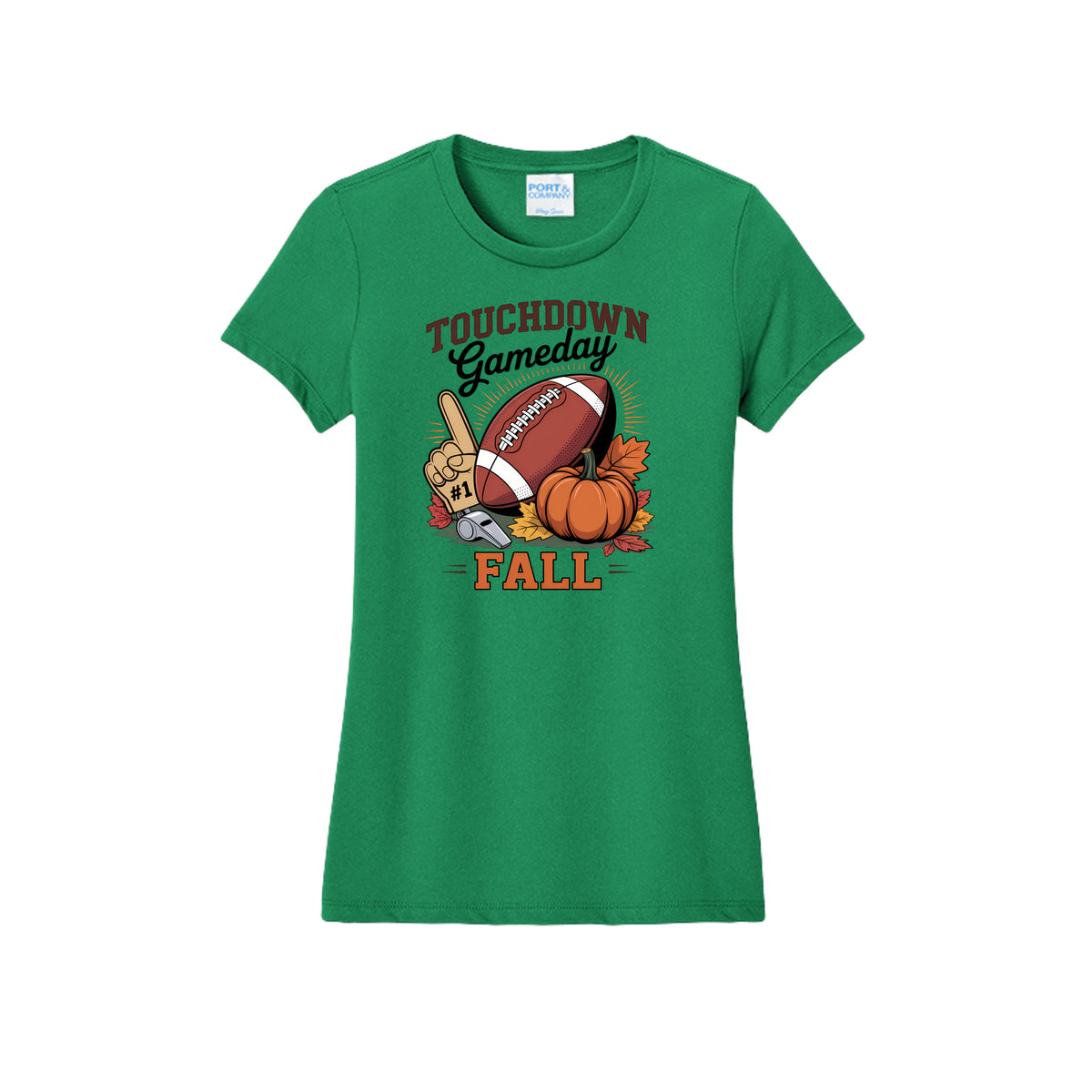 Front view of a green fitted short-sleeve T-shirt with Touchdown Gameday Fall lettering with a football, pumpkin, foam finger, whistle, and autumn leaves.