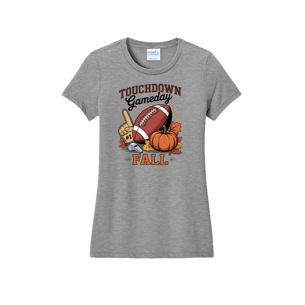 Front view of a gray fitted short-sleeve T-shirt with Touchdown Gameday Fall lettering with a football, pumpkin, foam finger, whistle, and autumn leaves.