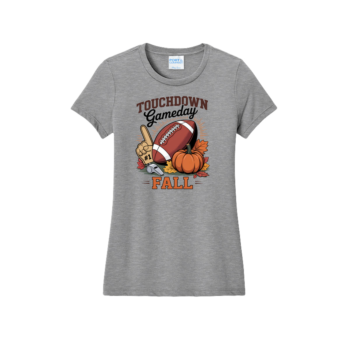 Front view of a gray fitted short-sleeve T-shirt with Touchdown Gameday Fall lettering with a football, pumpkin, foam finger, whistle, and autumn leaves.
