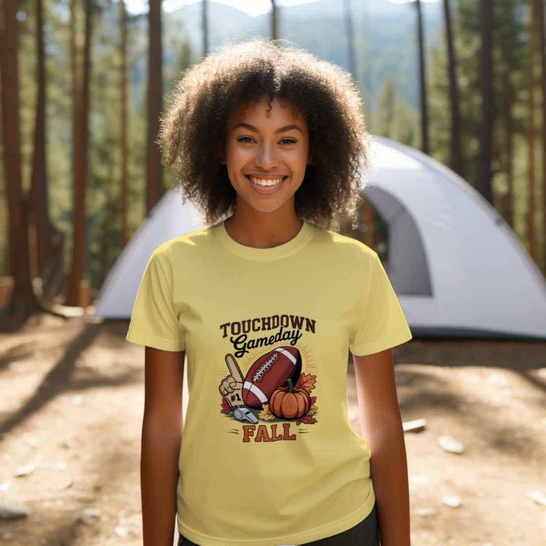 Person outdoors wearing a yellow Touchdown Gameday Fall graphic T-shirt.