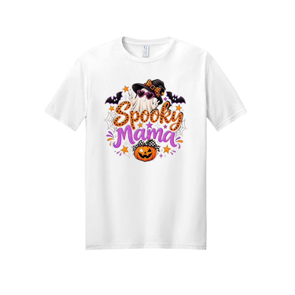 Front view of a white short-sleeve T-shirt with orange and purple Spooky Mama lettering with a ghost, witch hat, bats, and pumpkin.