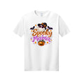 Front view of a white short-sleeve T-shirt with orange and purple Spooky Mama lettering with a ghost, witch hat, bats, and pumpkin.