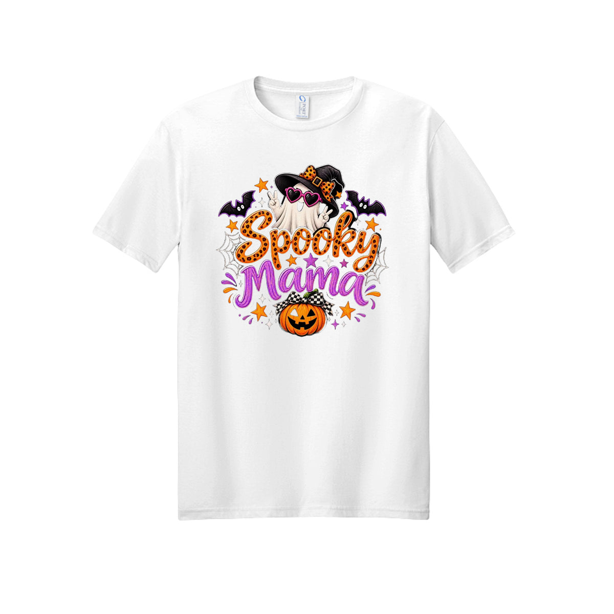 Front view of a white short-sleeve T-shirt with orange and purple Spooky Mama lettering with a ghost, witch hat, bats, and pumpkin.