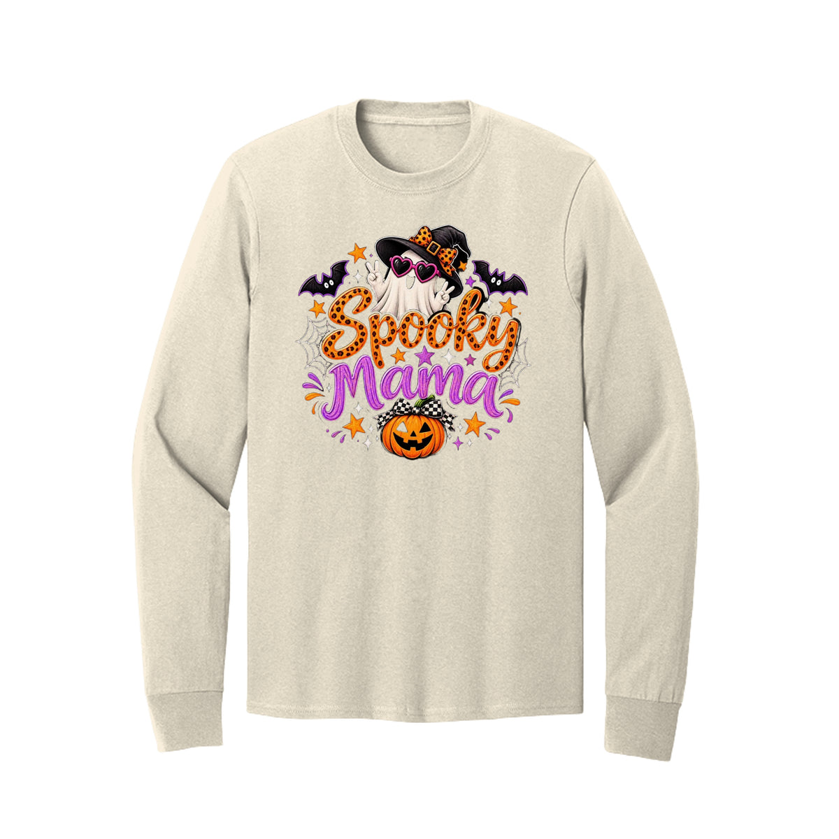 Front view of a cream crewneck sweatshirt with orange and purple Spooky Mama lettering with a ghost, witch hat, bats, and pumpkin.